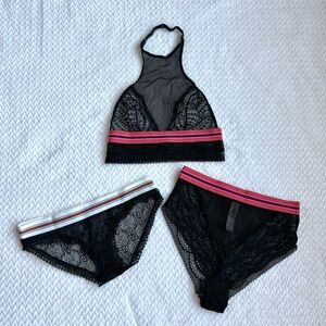 Victoria’s Secret 3 Pc Set Crochet Lace Halter Bra Bralette XS High Waist Bikini